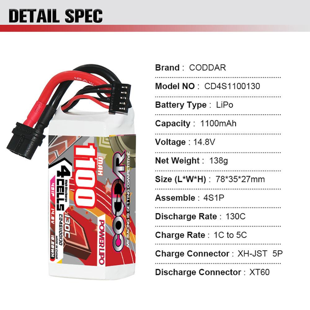 b5566a16147b4914b85f757e2ba43679tplv-aphluv4xwc-origin-jpeg.jpeg CODDAR 4S 1100MAH 14.8V 130C LiPo Battery XT60 - Image 1